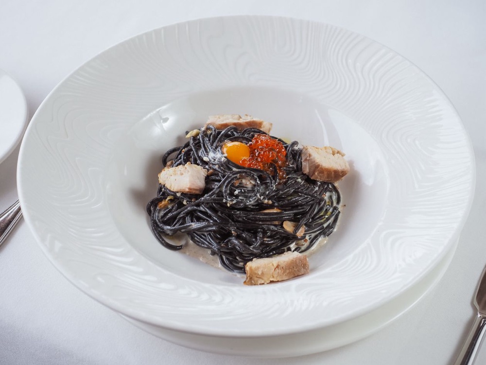Squid ink chitarra with lobster